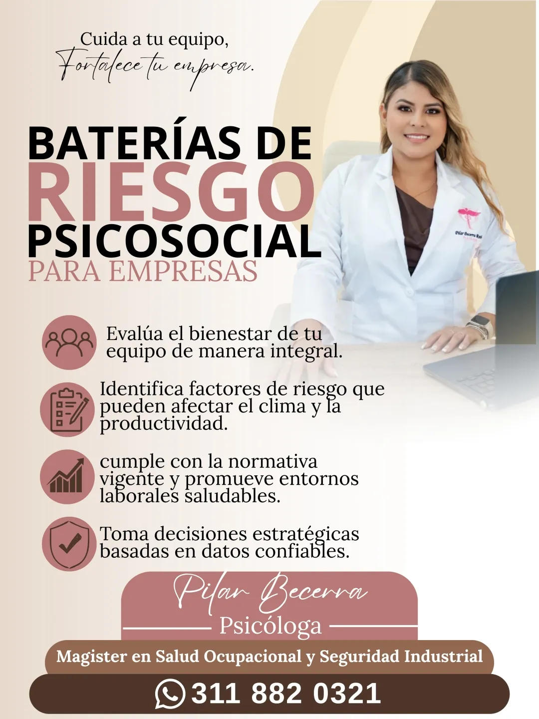 Servicio dirigido a empresas y organizaciones interesadas en identificar y evaluar factores de riesgo psicosocial relacionados con las condiciones laborales y extralaborales que pueden influir en la salud, el bienestar y el entorno de trabajo de sus colaboradores. Servicio presencial o virtual - Psicóloga Pilar Becerra