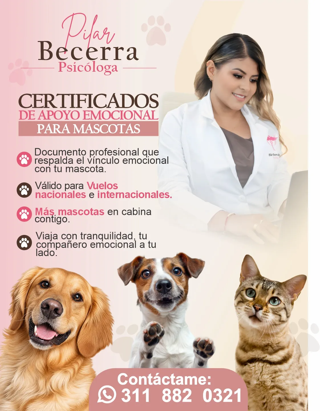 Servicio de valoración psicológica para determinar la pertinencia del acompañamiento mediante un animal de apoyo emocional, incluyendo solicitudes relacionadas con viajes nacionales e internacionales. Servicio presencial o virtual - Psicóloga Pilar Becerra