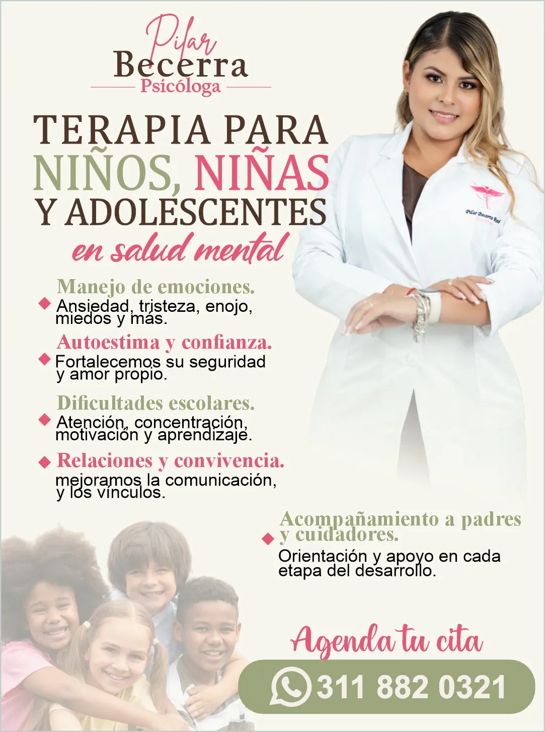 Atención psicológica para niños y adolescentes en Villavicencio. Acompañamiento en ansiedad, autoestima, conducta, adaptación escolar y conflictos familiares - Terapia presencial o virtual - Pilar Becerra